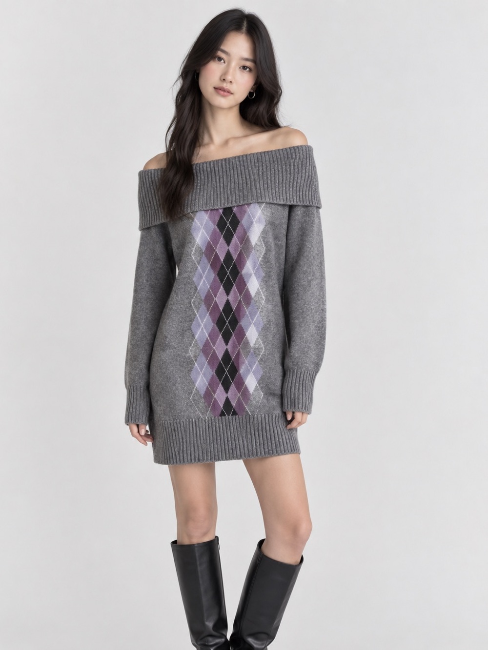 Suzy Shier *WOOL* Gray Lavender Argyle Off Shoulder Sweater Knit Dress MEDIUM